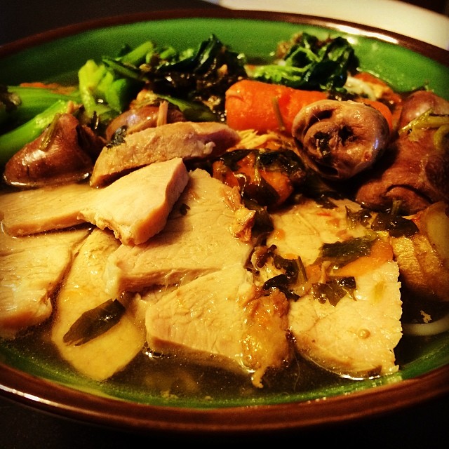 Chicken heart soup for dinner, care of @akires’ mom.