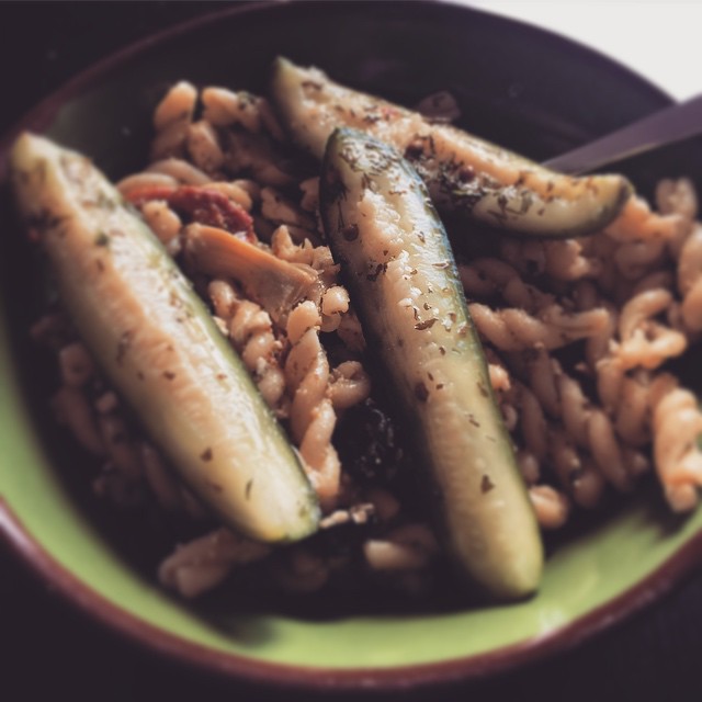 Pasta salad with pickles.